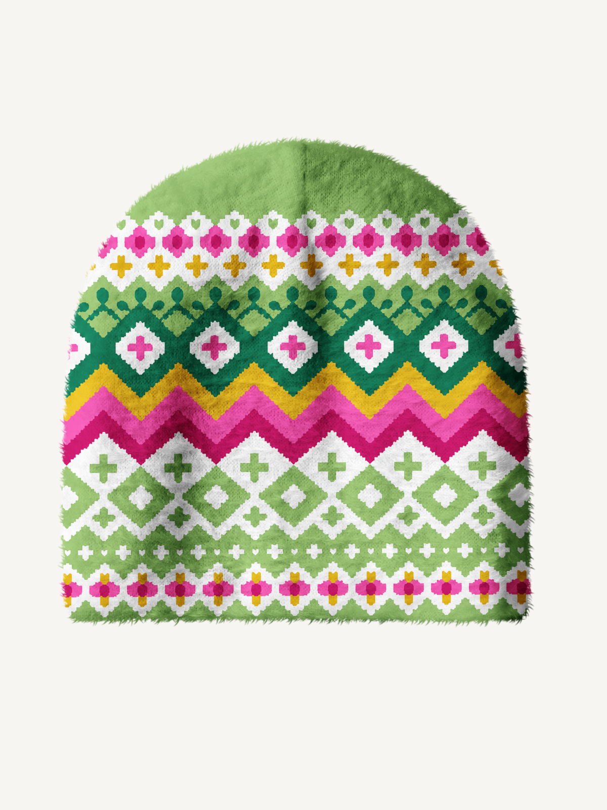 Spring Meadow Floral Geometric Fair Isle Cozy Fuzzy Beanie