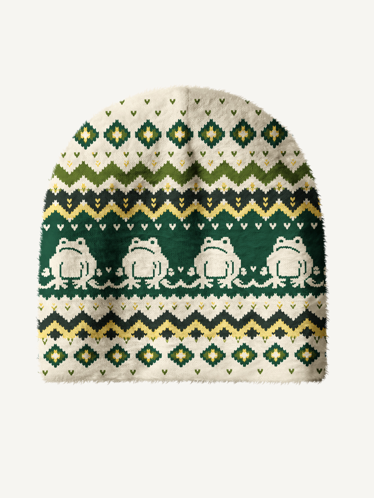 Vintage Frog Geometric Folk Cozy Fuzzy Beanie
