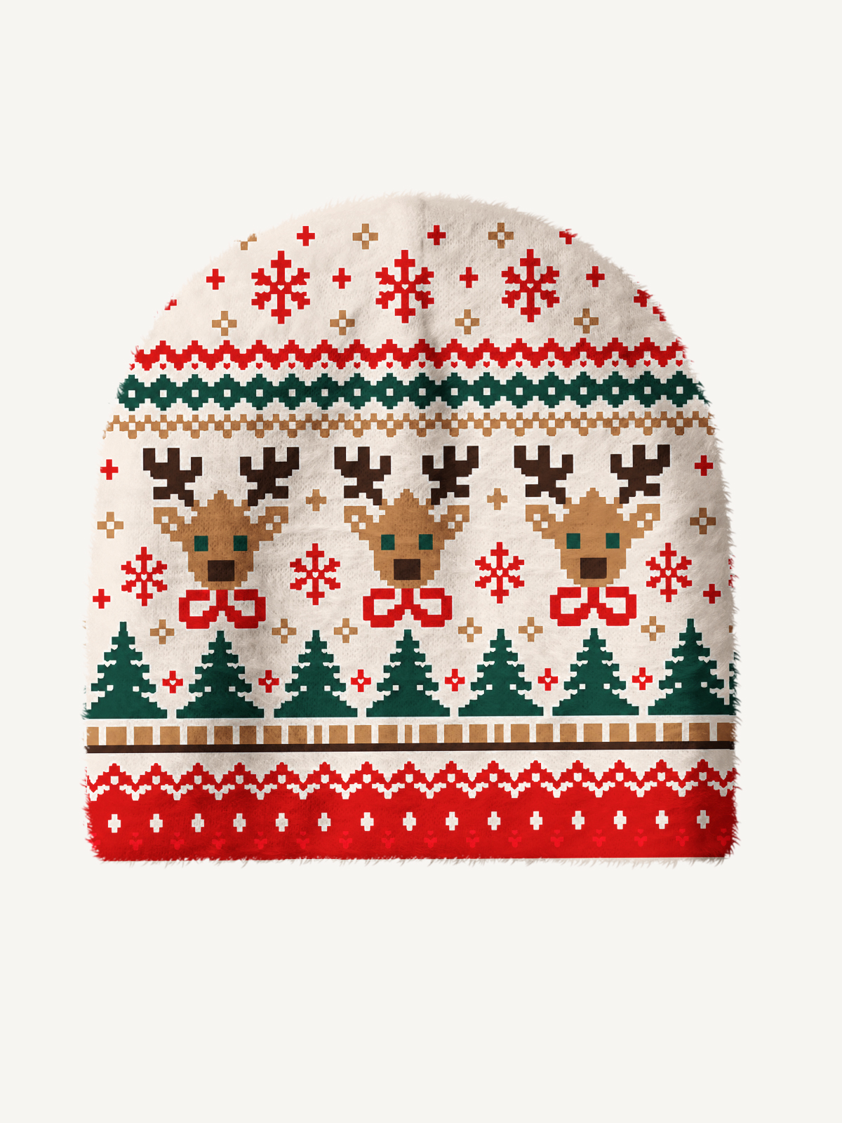 Christmas Reindeer & Pine Tree Cozy Fuzzy Beanie