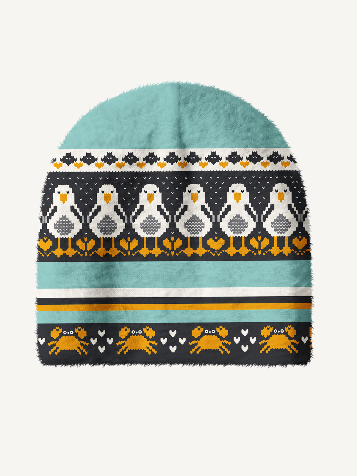 Coastal Seagull & Crab Cozy Fuzzy Beanie