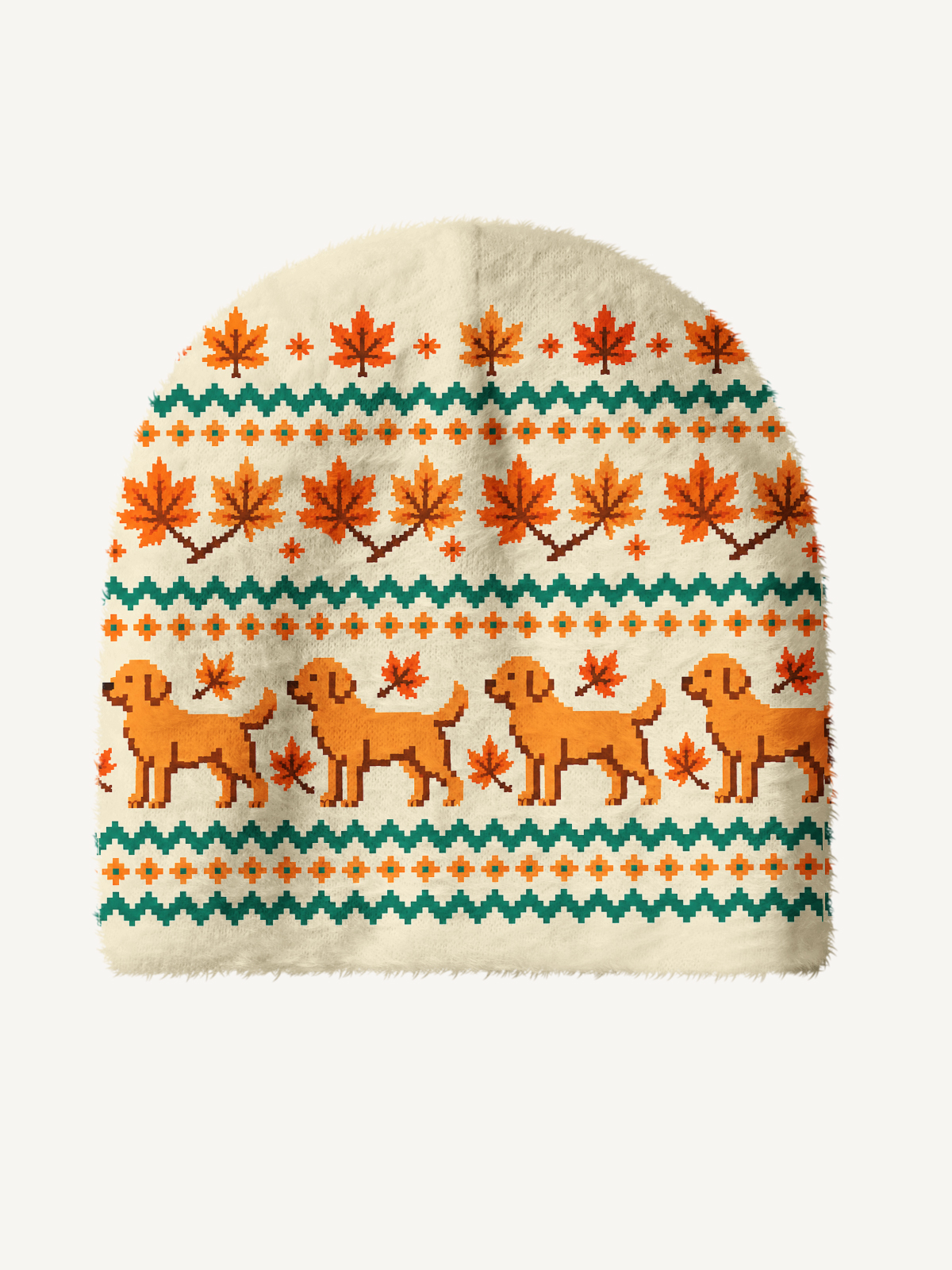 Autumn Dog & Falling Leaves Cozy Fuzzy Beanie