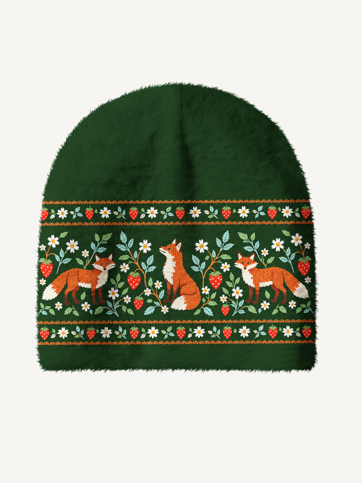 Whimsical Woodland Fox & Strawberry Cozy Fuzzy Beanie