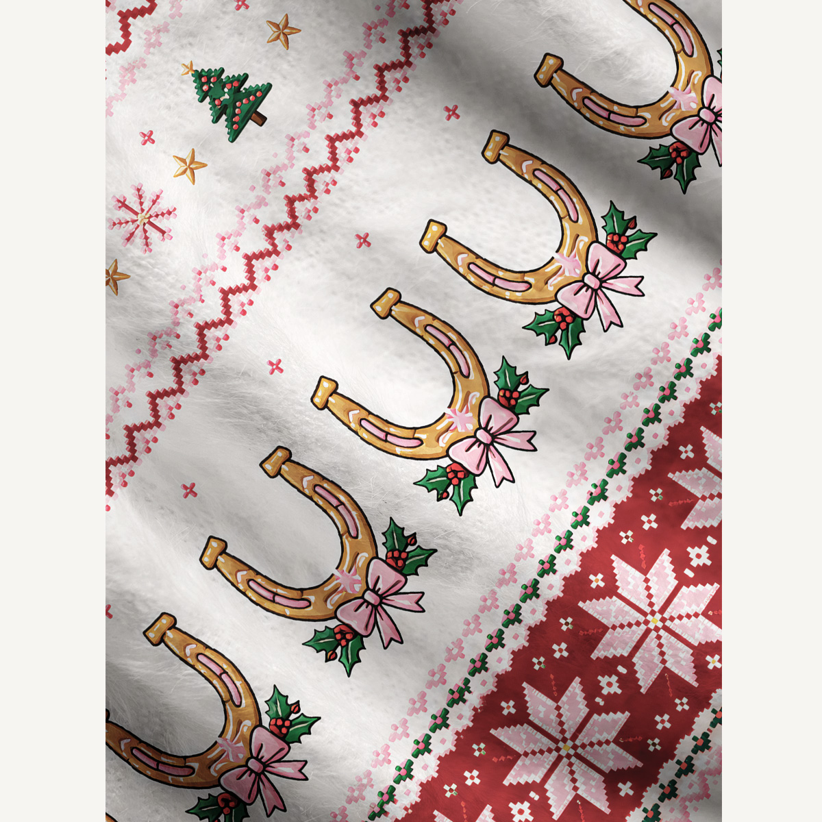 Lucky Horseshoe Christmas Fair Isle Fuzzy Crewneck Sweater