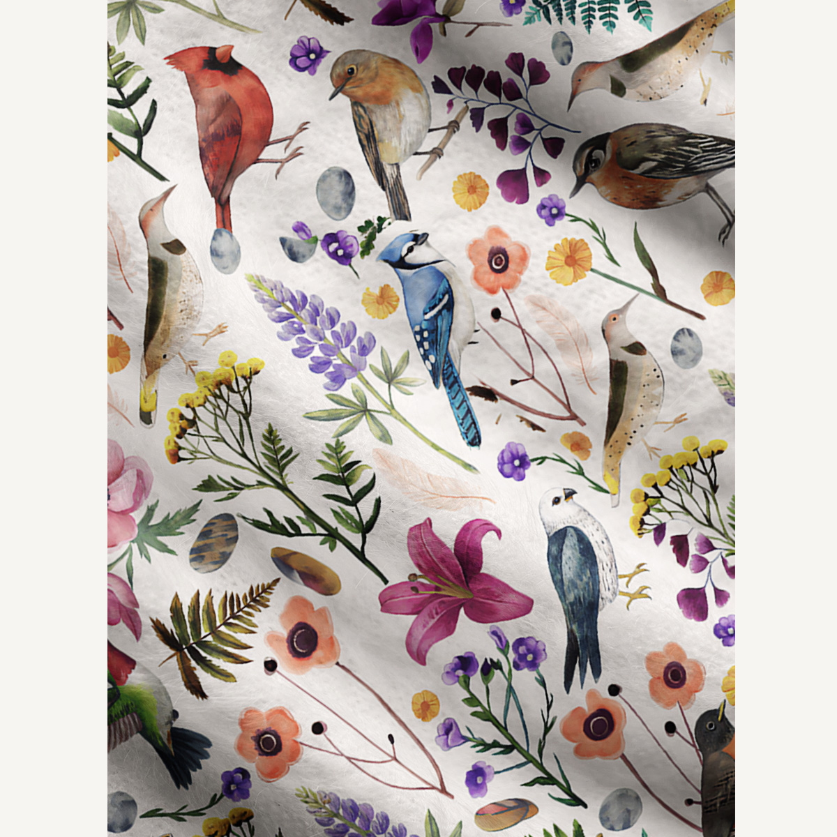 Whimsical Woodland Birds Wildflowers Fuzzy Crewneck Sweater
