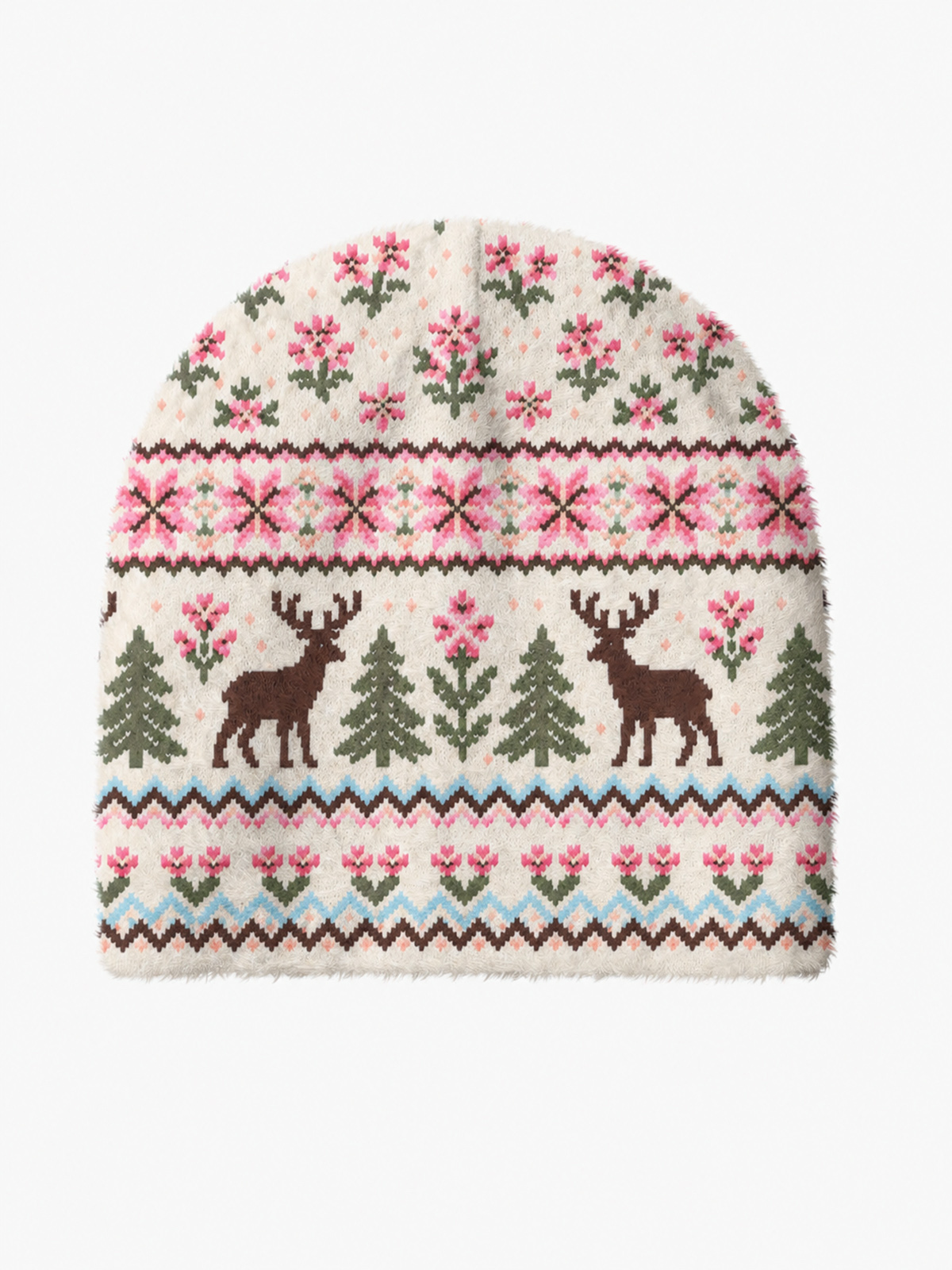 Woodland Deer Fair Isle Cozy Fuzzy Beanie