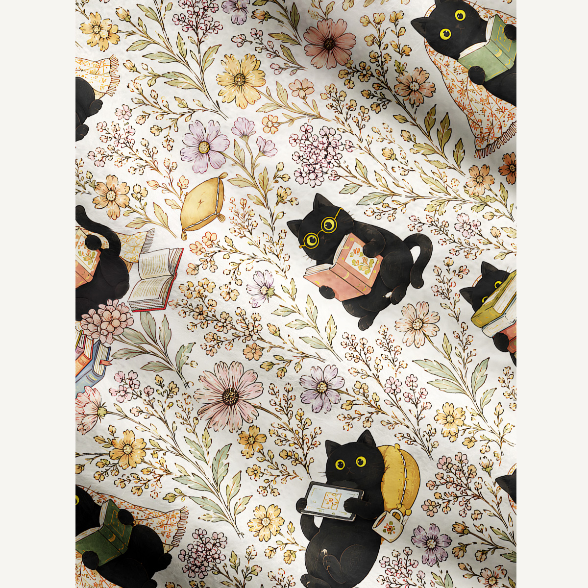 Books Blooms and Black Cats Print Cardigan Sweaters