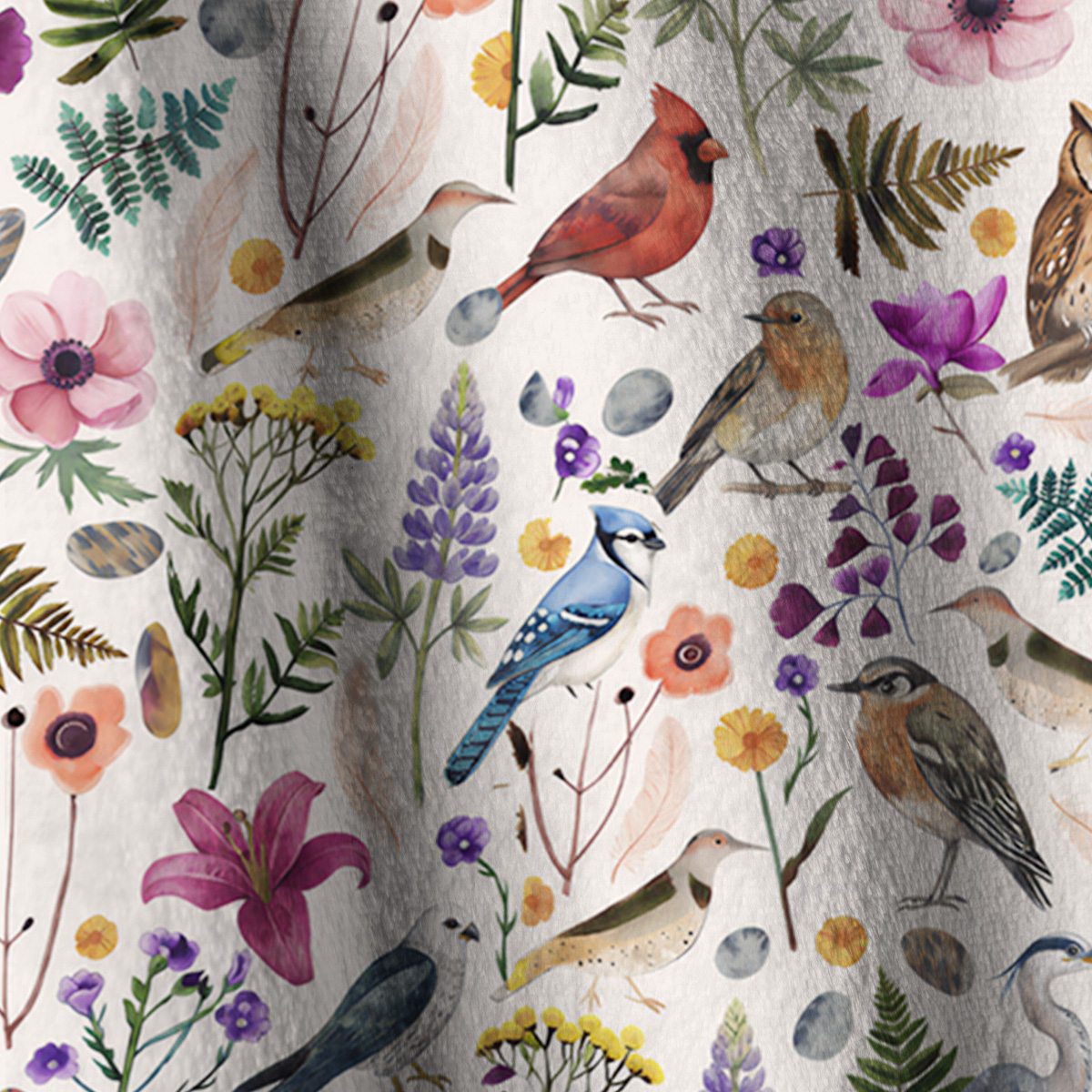 Whimsical Woodland Birds Wildflowers Print Fleece Jacket