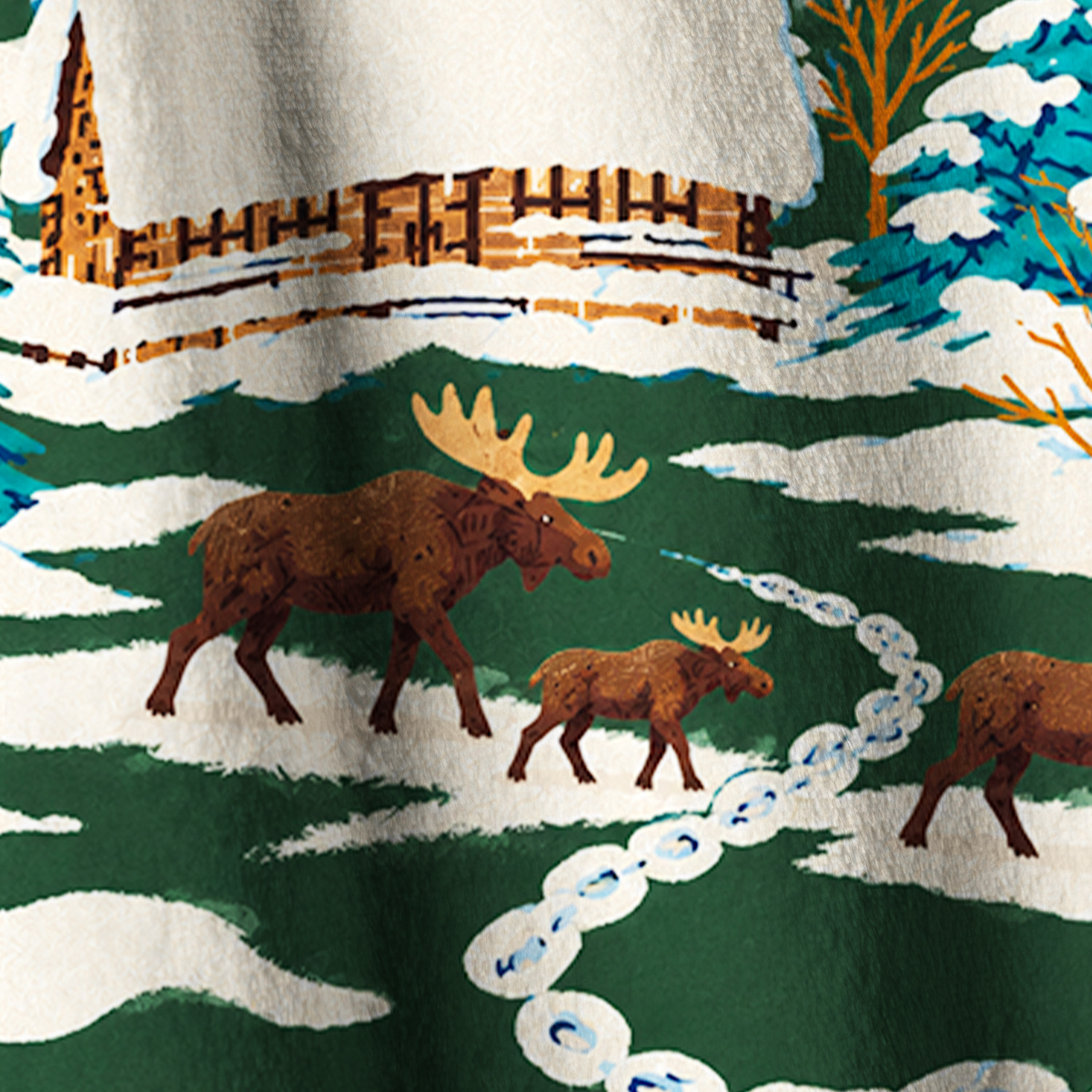 Snowy Cabin Moose Family Print Fleece Jacket