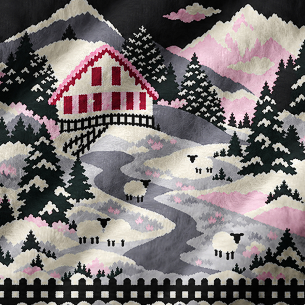 Pink Snowy Cabin Valley Print V-Neck Sweater Vest
