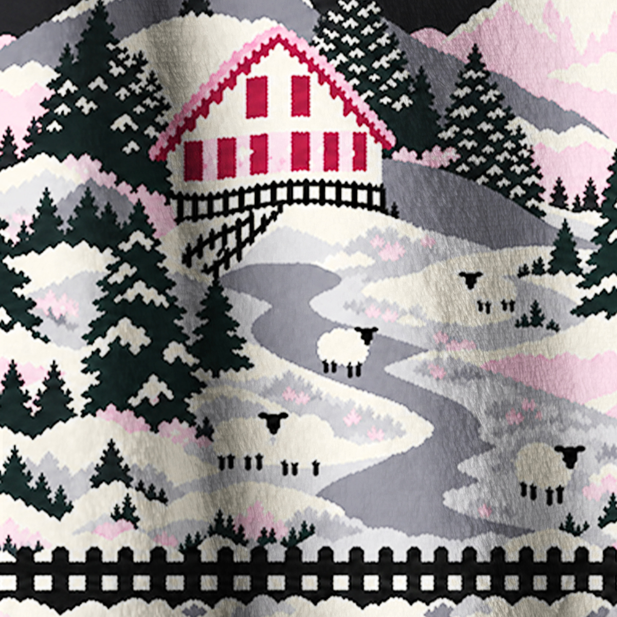 Pink Snowy Cabin Valley Print Fleece Jacket