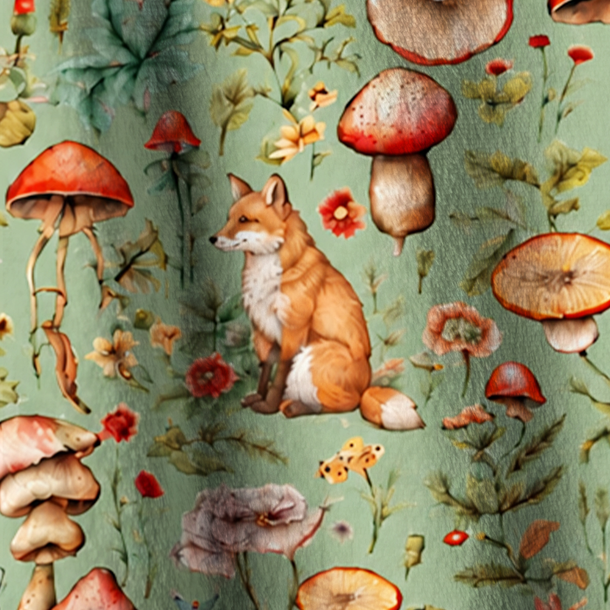 Enchanted Mushroom Forest Fox Print Fleece Jacket