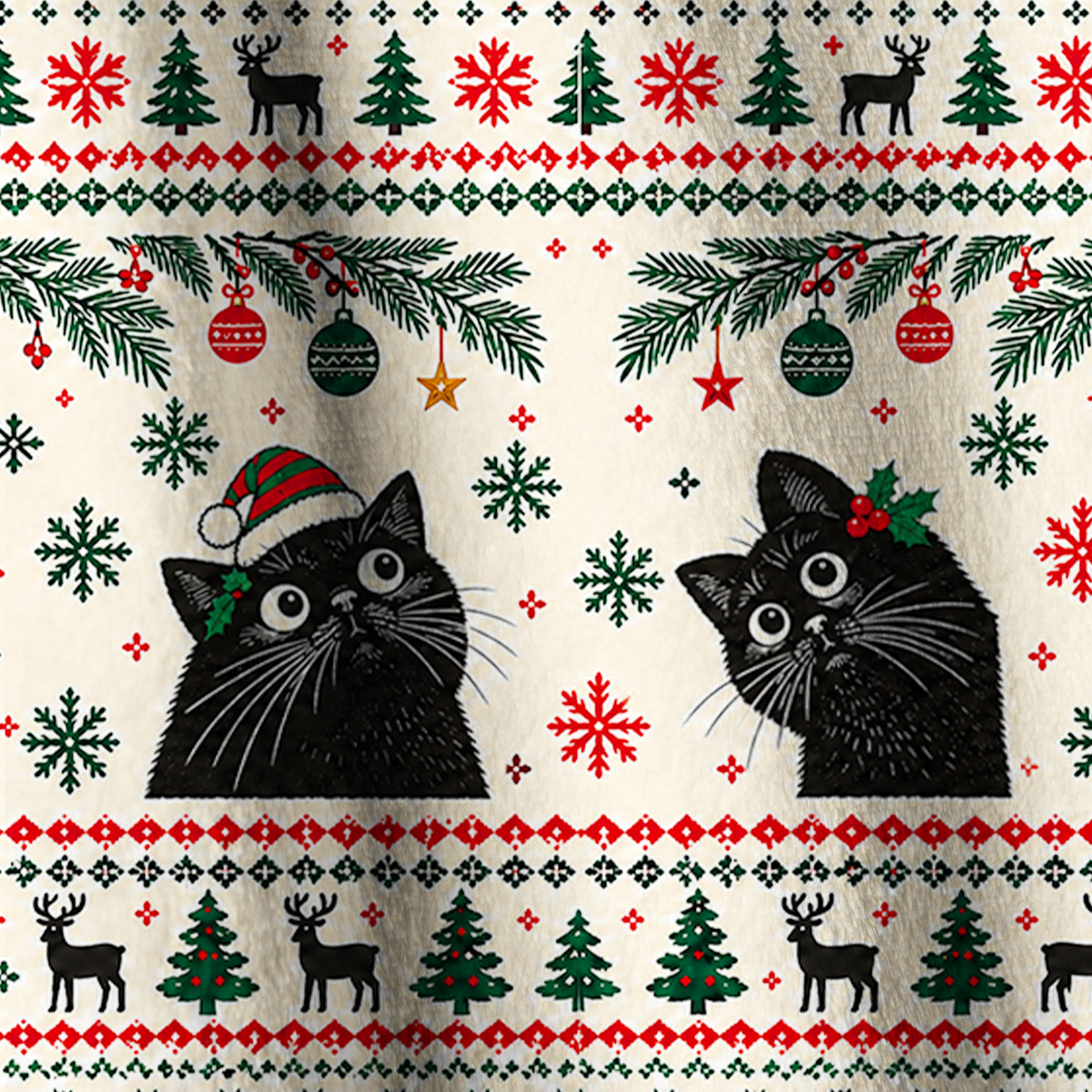Festive Christmas Black Cats Print Fleece Jacket