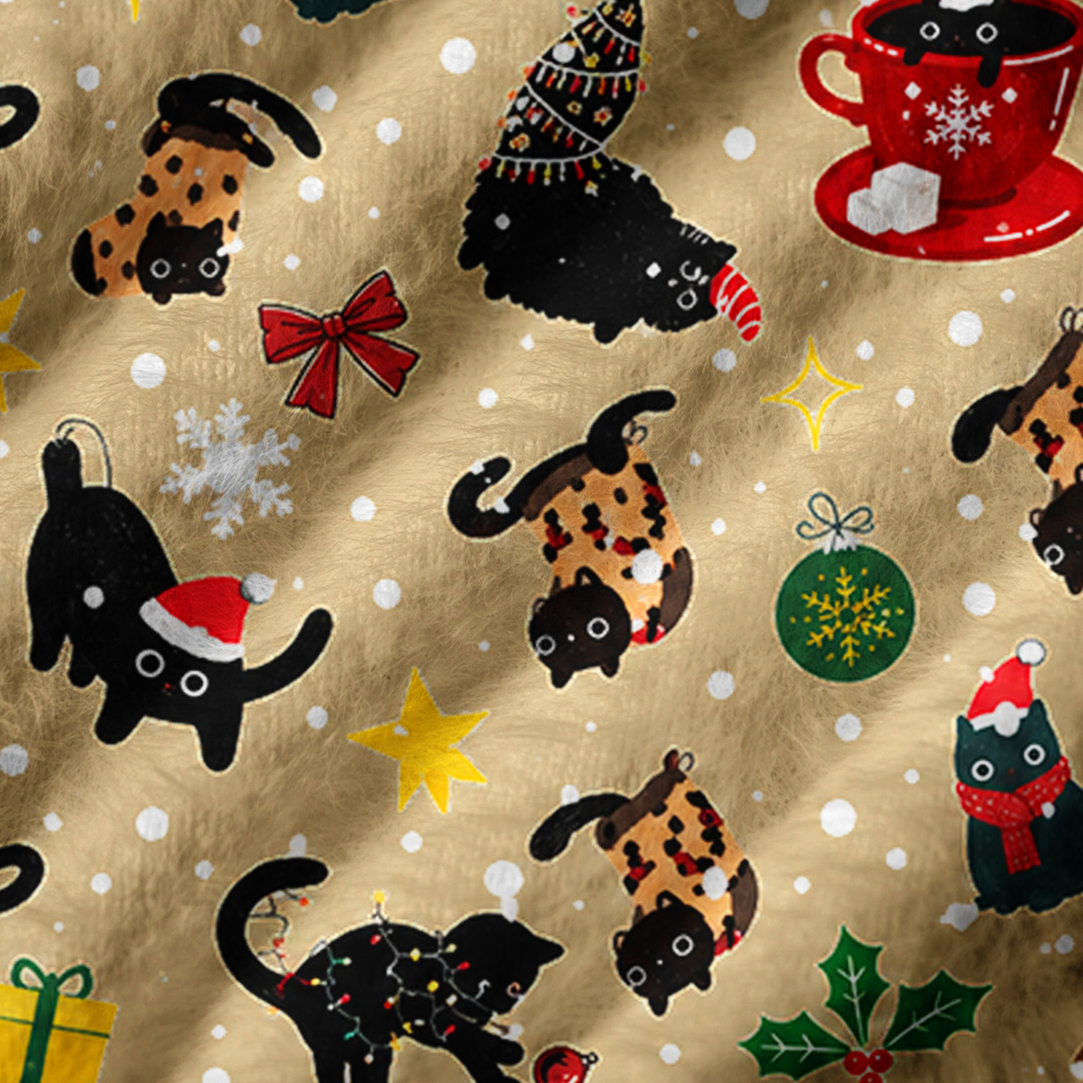 Playful Christmas Black Cats Print V-Neck Sweater Vest