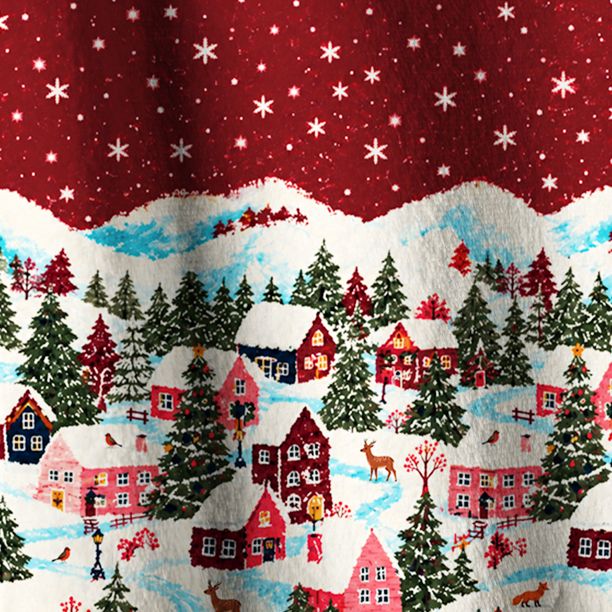 Vintage Festive Forest Village Print Fleece Jacket