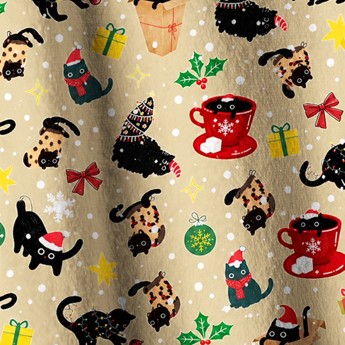 Playful Christmas Black Cats Print Fleece Jacket