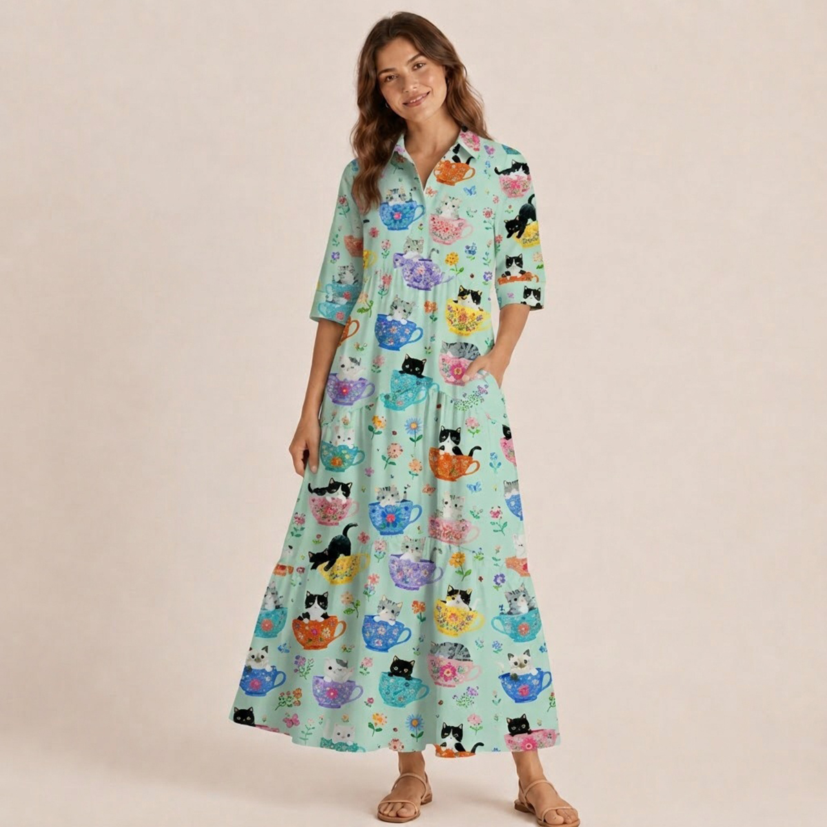 Cute Teacup Kitten Print Casual Midi Dress With Pockets