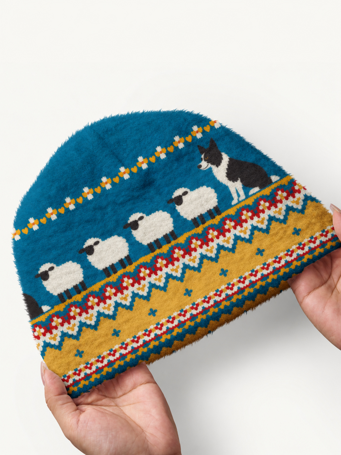 Pastoral Sheep & Sheepdog Cozy Fuzzy Beanie