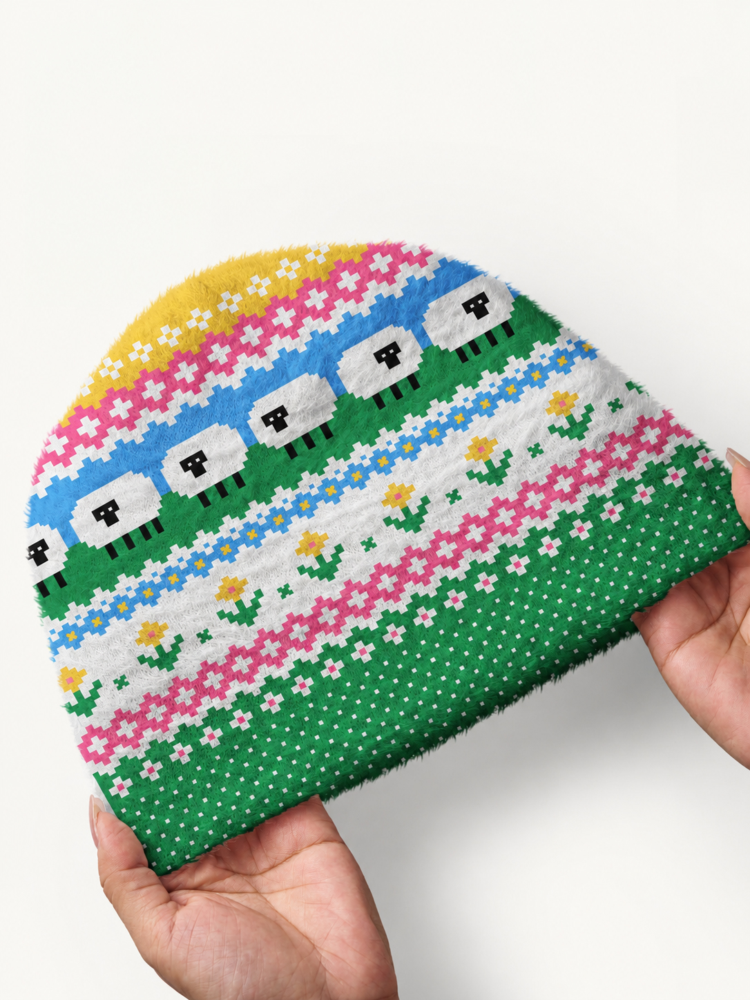 Meadow Sheep Fair Isle Cozy Fuzzy Beanie