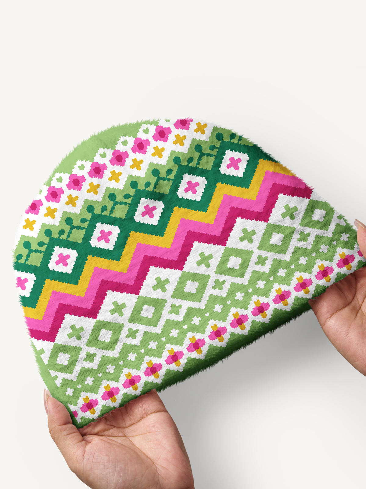 Spring Meadow Floral Geometric Fair Isle Cozy Fuzzy Beanie