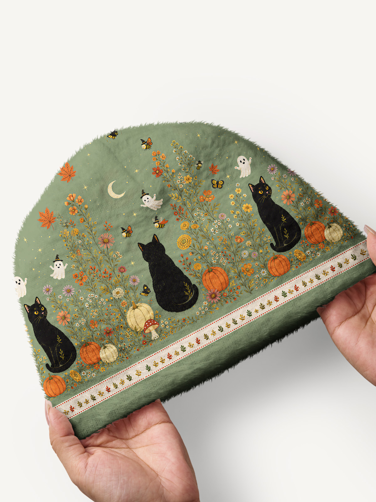 Twilight Pumpkin Garden Black Cat Cozy Fuzzy Beanie