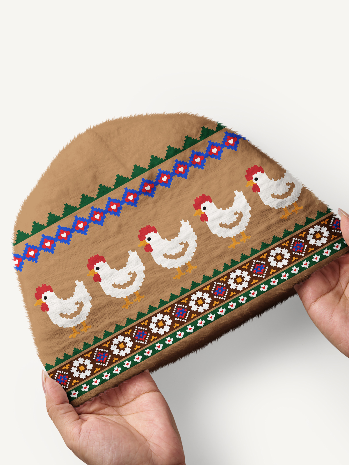 Country Hen Folk Yoke Cozy Fuzzy Beanie