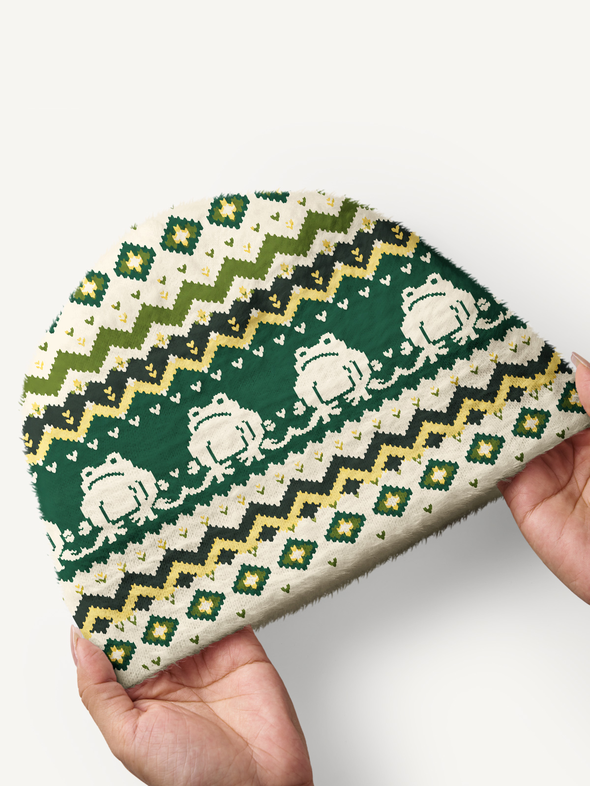 Vintage Frog Geometric Folk Cozy Fuzzy Beanie