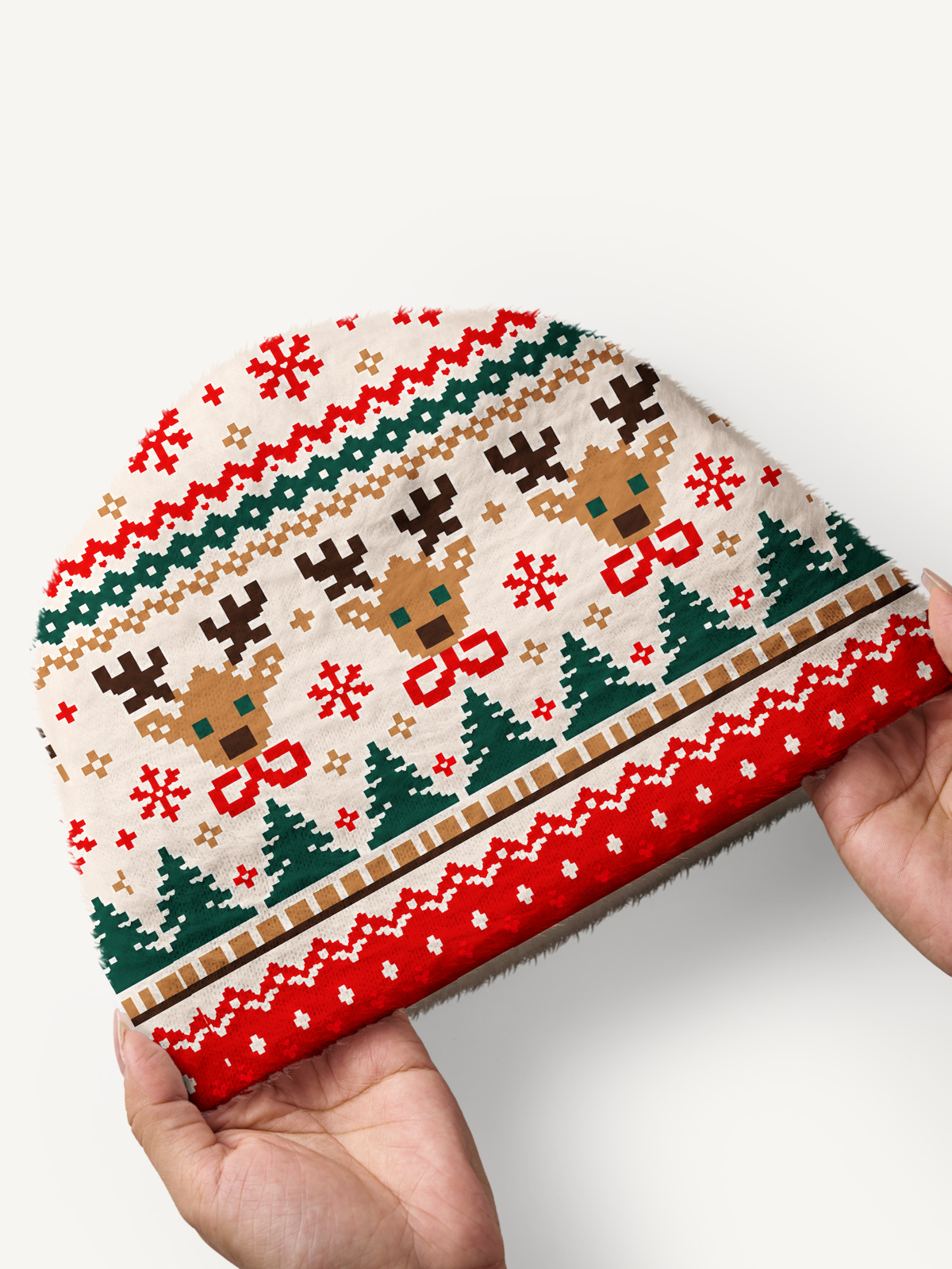 Christmas Reindeer & Pine Tree Cozy Fuzzy Beanie