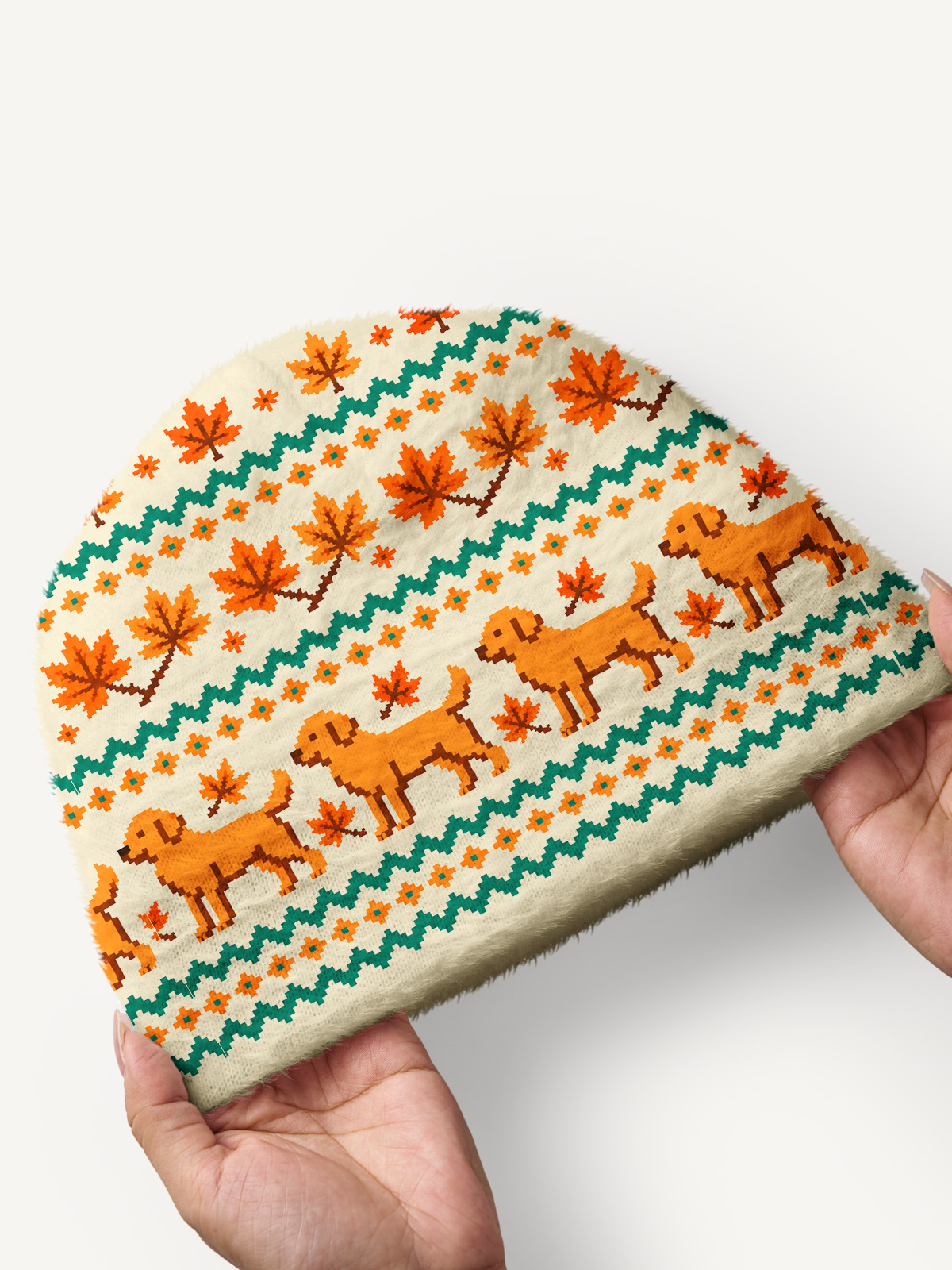 Autumn Dog & Falling Leaves Cozy Fuzzy Beanie