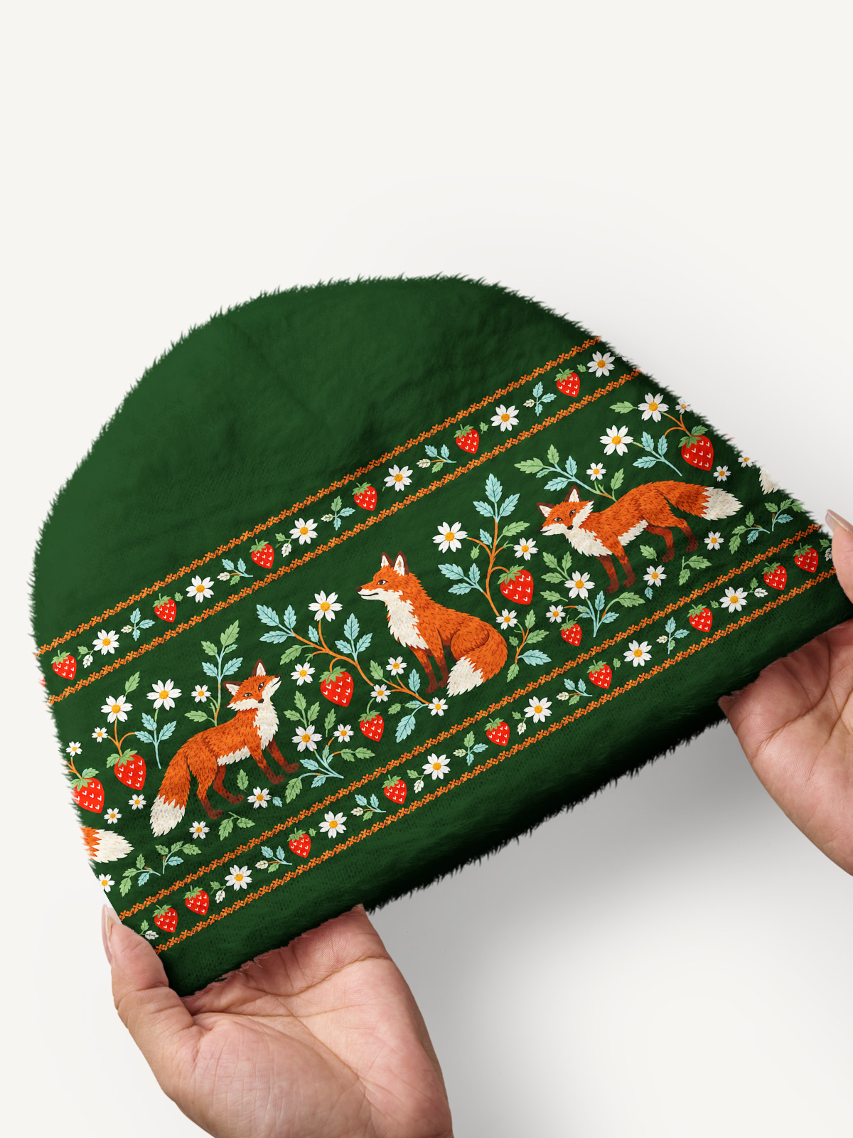 Whimsical Woodland Fox & Strawberry Cozy Fuzzy Beanie