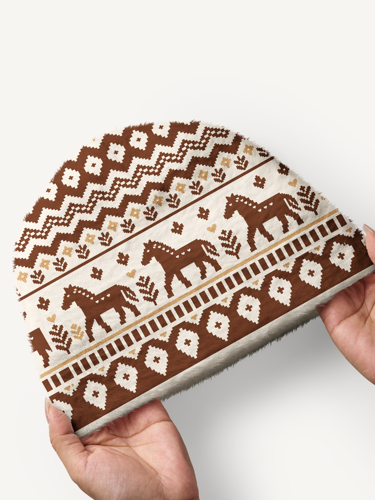 Rustic Equestrian Horse Fair Isle Cozy Fuzzy Beanie