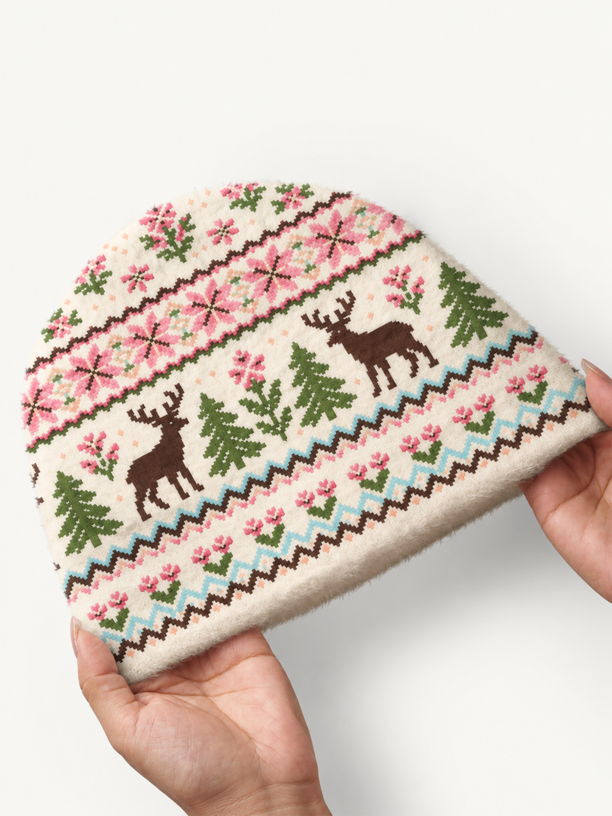 Woodland Deer Fair Isle Cozy Fuzzy Beanie