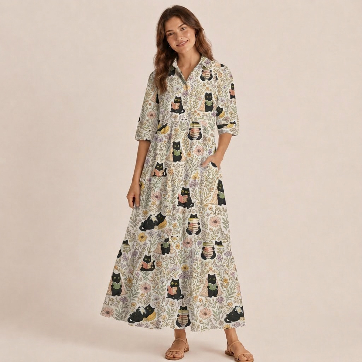 Books Blooms and Black Cats Print Casual Midi Dress With Pockets