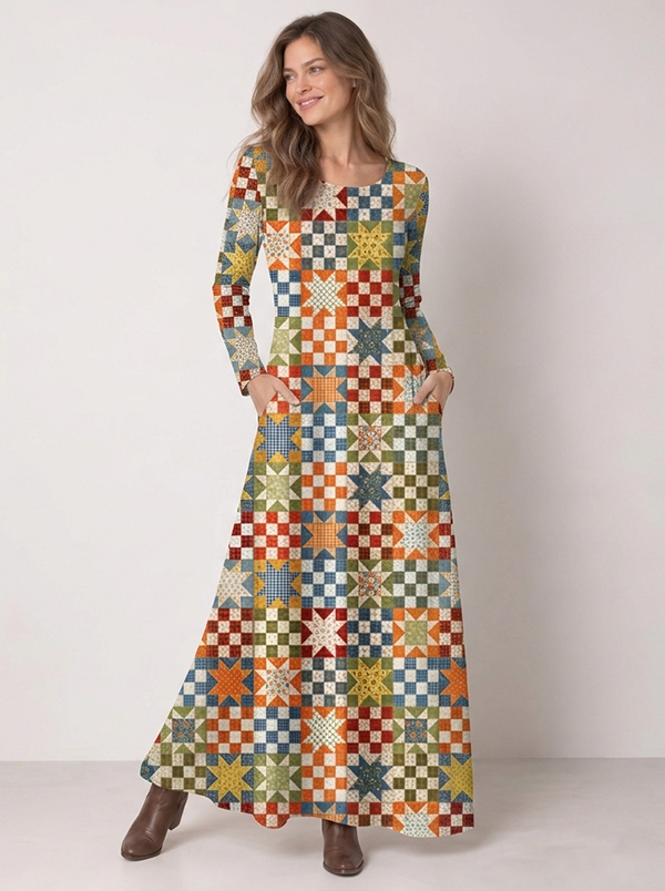 Vintage Star Quilt Patchwork Print Soft-Touch Stretch Knit Long Sleeve Maxi Dress with Pockets