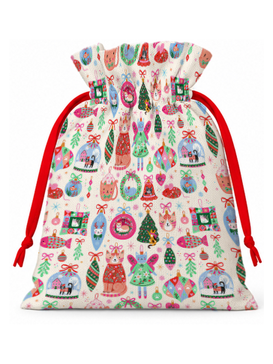 Christmas Cat Ornament Reusable Christmas Drawstring Gift Bag