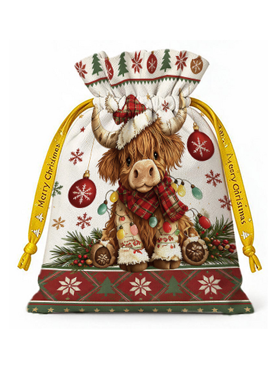 Highland Christmas Cow Reusable Drawstring Gift Bag