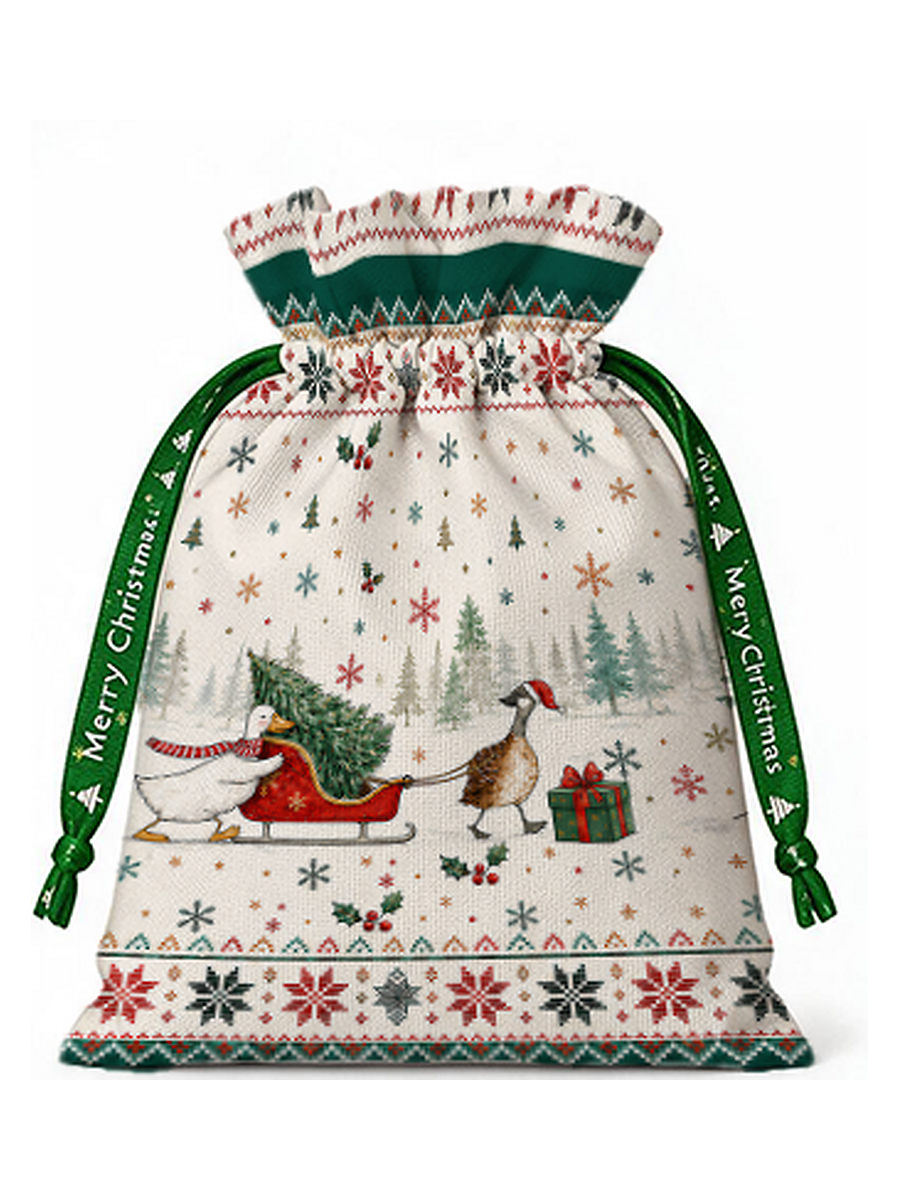Christmas Duck Sleigh & Pine Tree  Reusable Drawstring Gift Bag