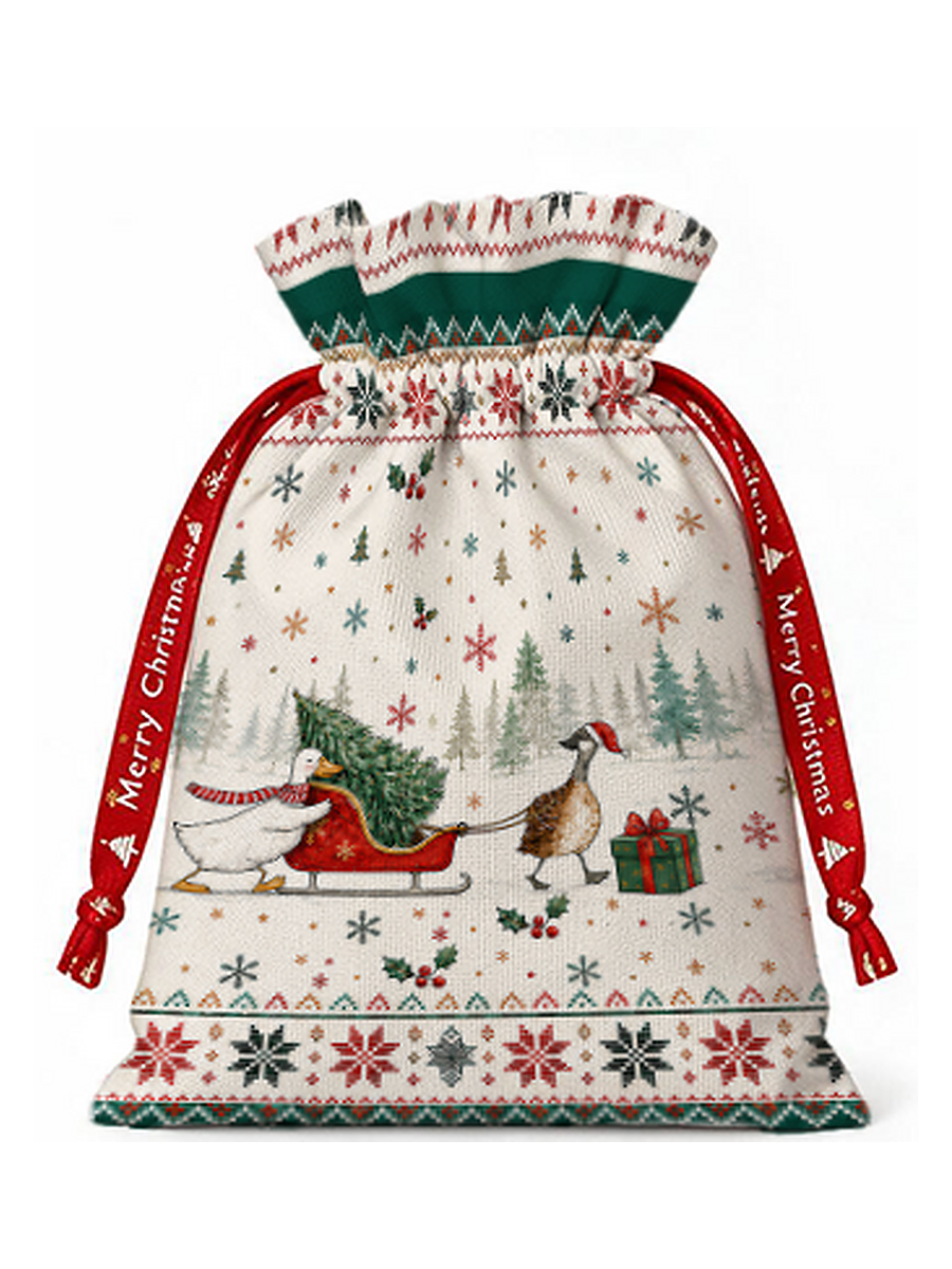Christmas Duck Sleigh & Pine Tree  Reusable Drawstring Gift Bag