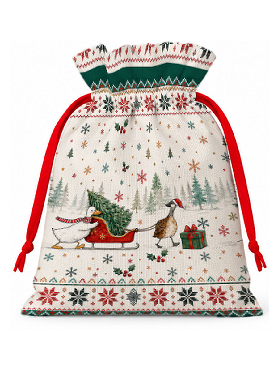 Christmas Duck Sleigh & Pine Tree  Reusable Drawstring Gift Bag