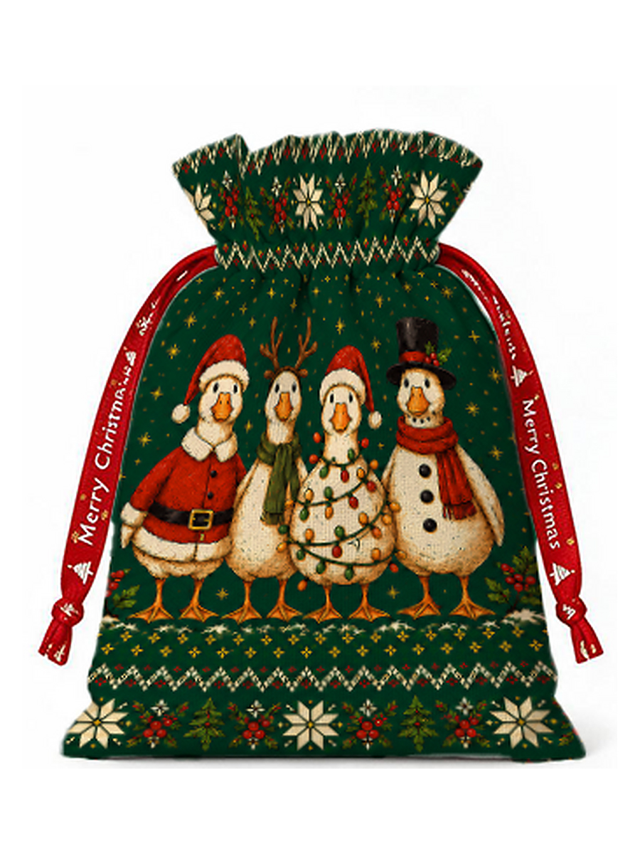 Cozy Country Christmas Ducks Reusable Drawstring Gift Bag
