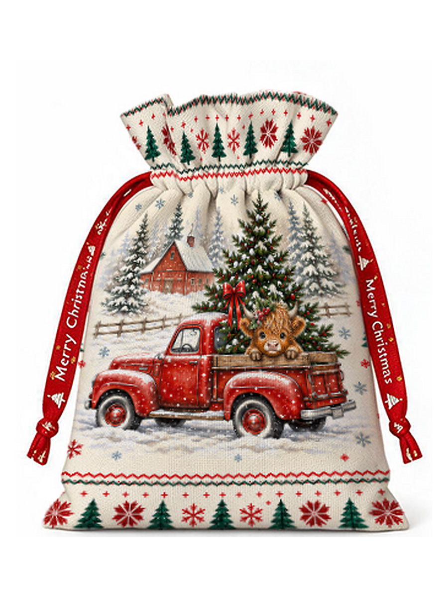 Cozy Christmas Farm Truck Cow Reusable Drawstring Gift Bag