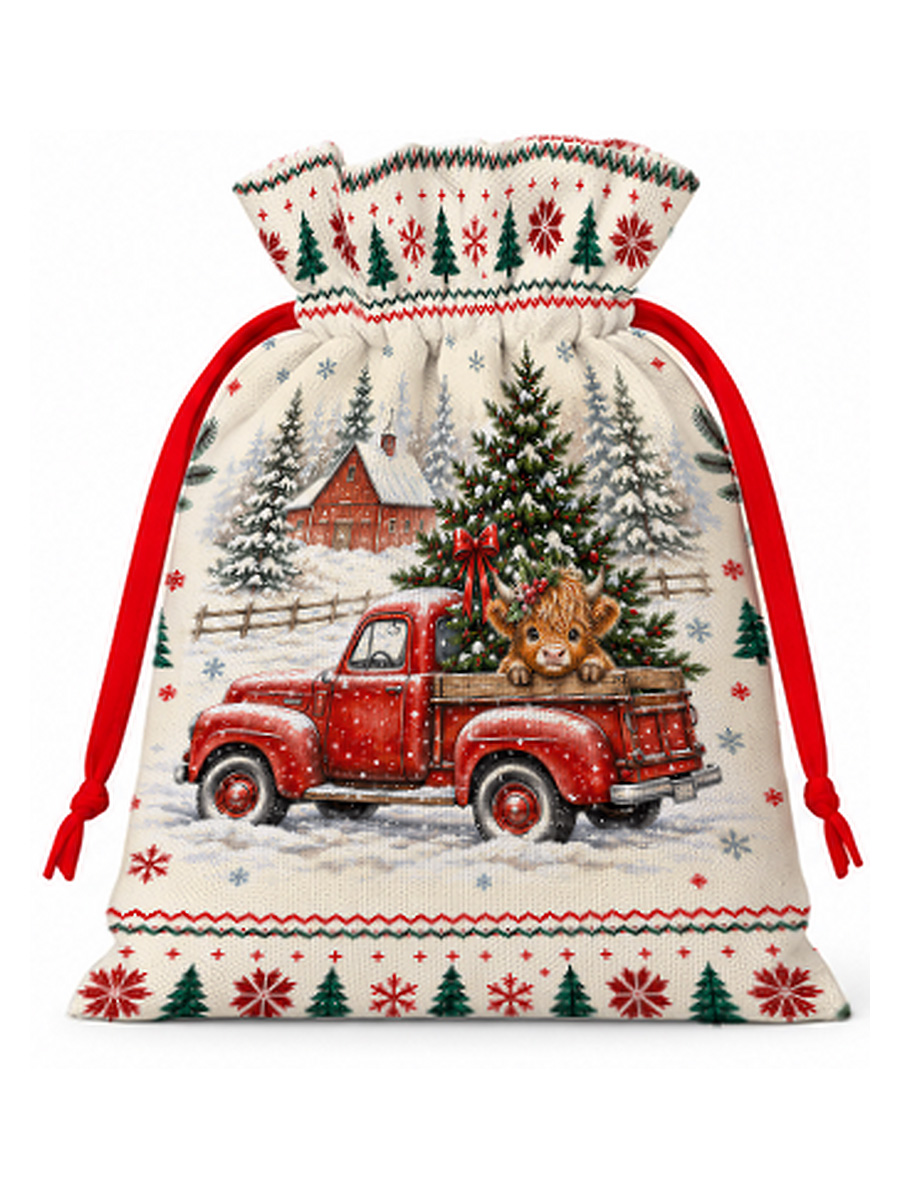 Cozy Christmas Farm Truck Cow Reusable Drawstring Gift Bag