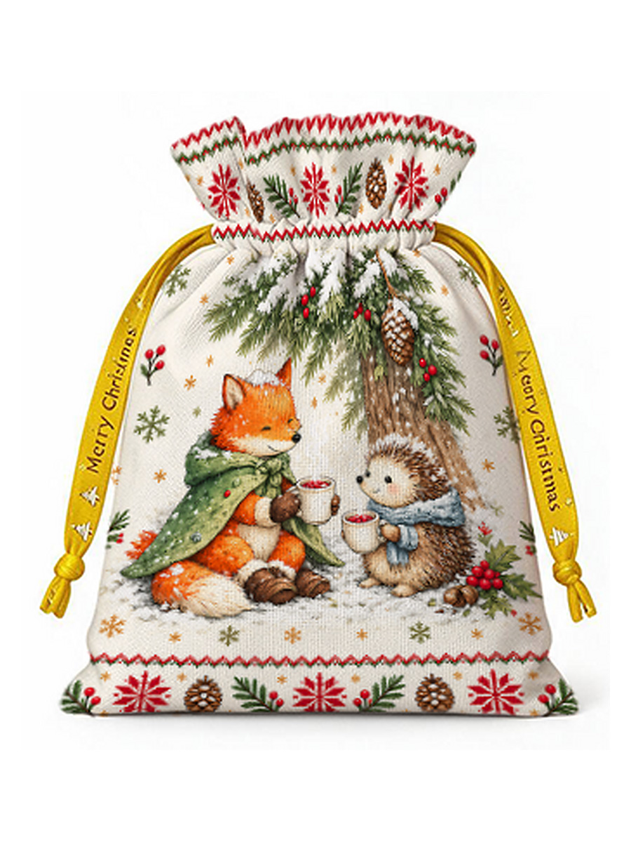 Cozy Winter Fox & Hedgehog Reusable Christmas Drawstring Gift Bag