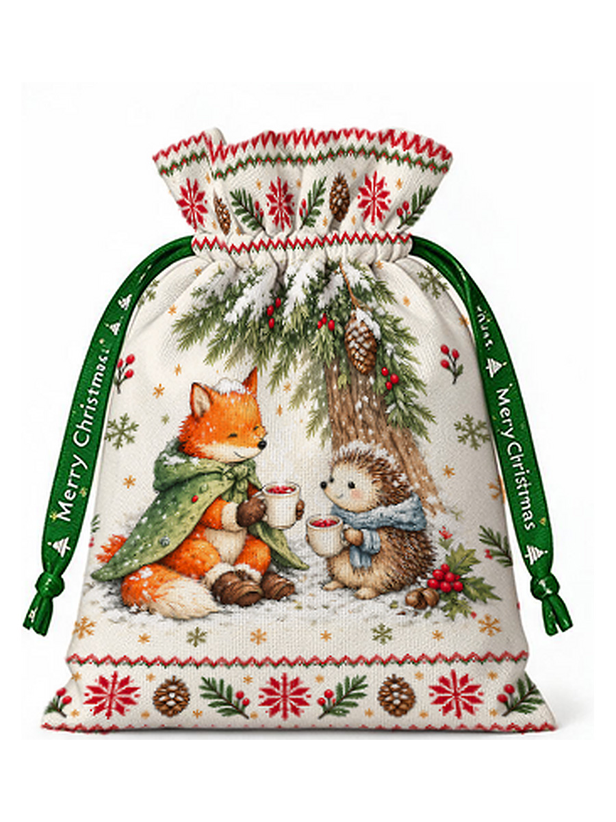 Cozy Winter Fox & Hedgehog Reusable Christmas Drawstring Gift Bag