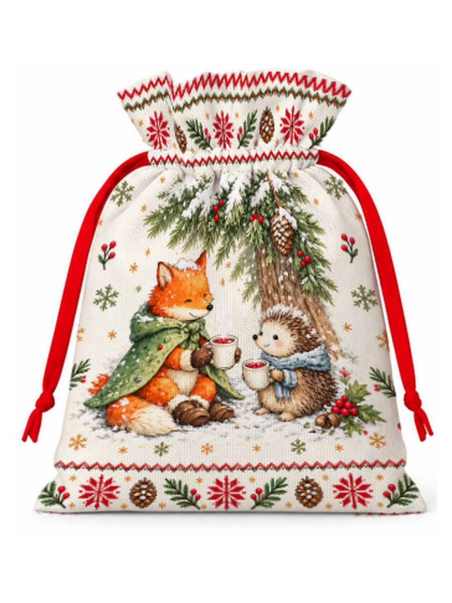 Cozy Winter Fox & Hedgehog Reusable Christmas Drawstring Gift Bag