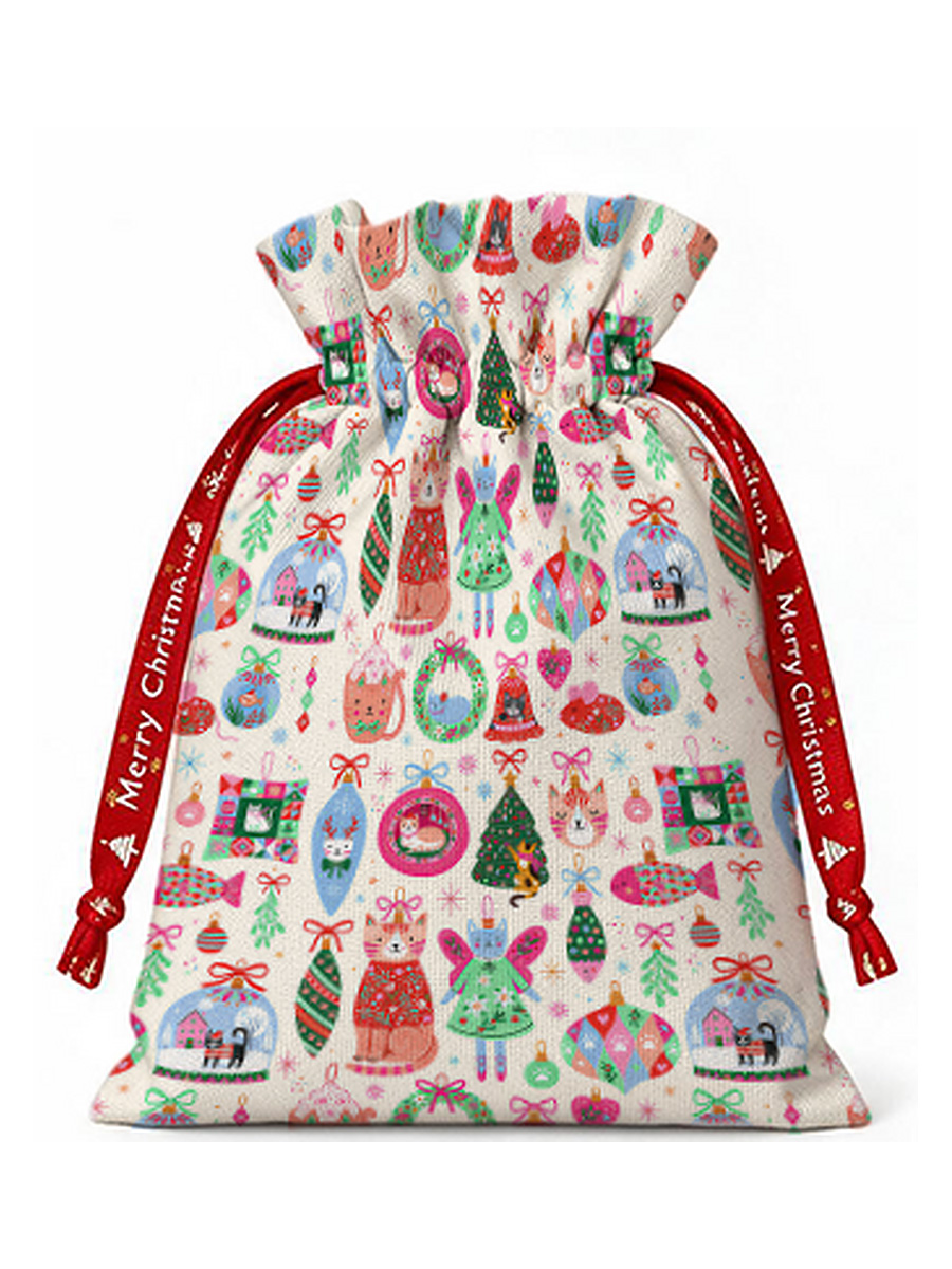 Christmas Cat Ornament Reusable Christmas Drawstring Gift Bag