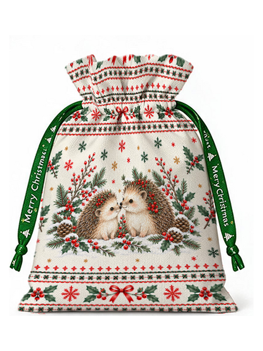 Cozy Christmas Hedgehogs Reusable Drawstring Gift Bag