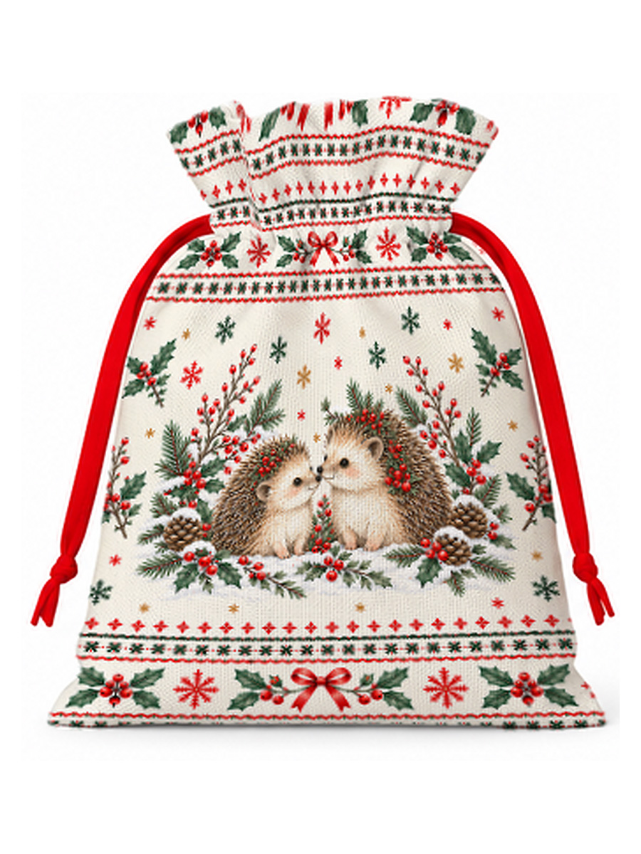 Cozy Christmas Hedgehogs Reusable Drawstring Gift Bag