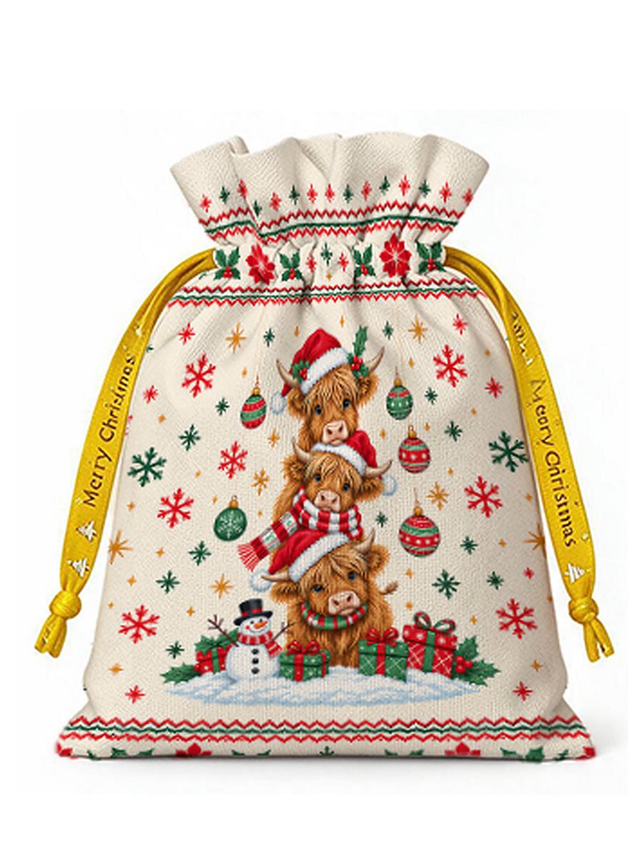 Stacked Highland Cow Christmas Reusable Drawstring Gift Bag