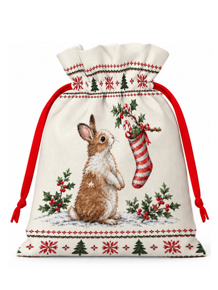 Cozy Christmas Bunny Reusable Drawstring Gift Bag