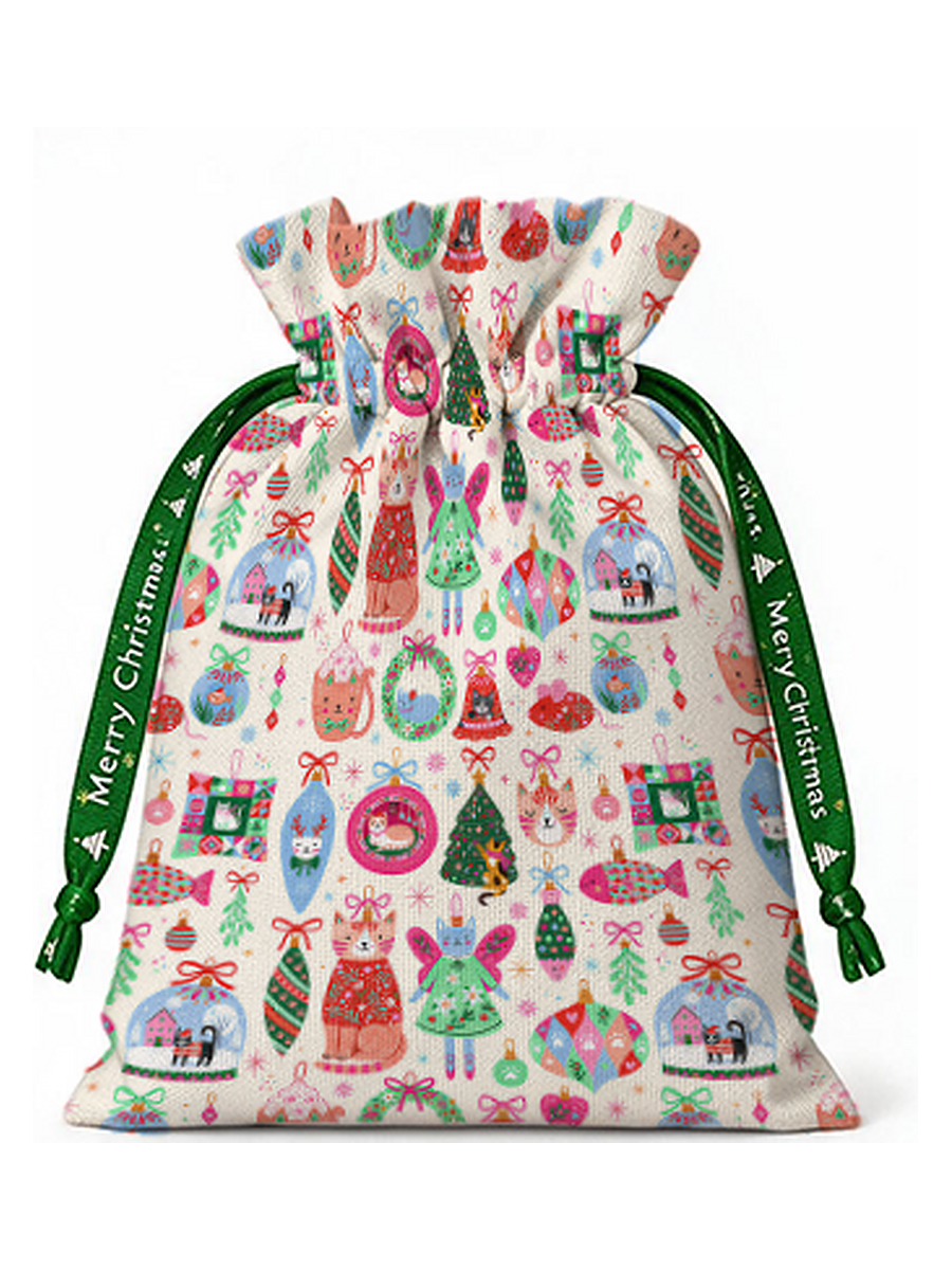 Christmas Cat Ornament Reusable Christmas Drawstring Gift Bag